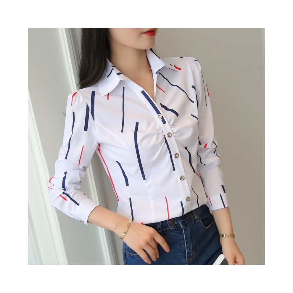 (B02, S) Women White Tops and Blouses Fashion Stripe Print Casual Long Sleeve Office Lady Work Shirts Female Slim Blusas
