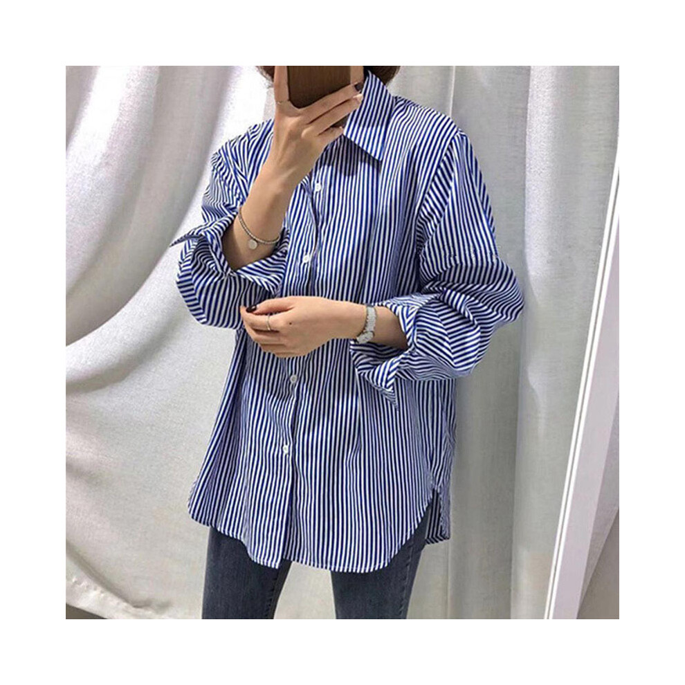 (blue, XL) Lucyever  Women's Shirt Casual Loose Long Sleeve Classic Striped Blouse Female Fall Winter Vintage Streetwear Office Shirts
