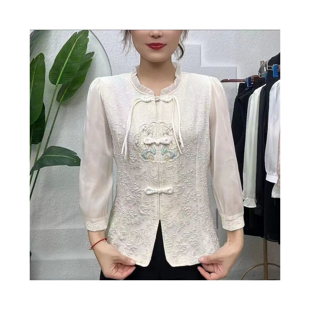 Maxpower (Apricot, Xl) Summer Chinese Style National Style Disc Buckle Flower Disc Embroidered Shirt New Three-Point Shirt Temperament Slimming Top