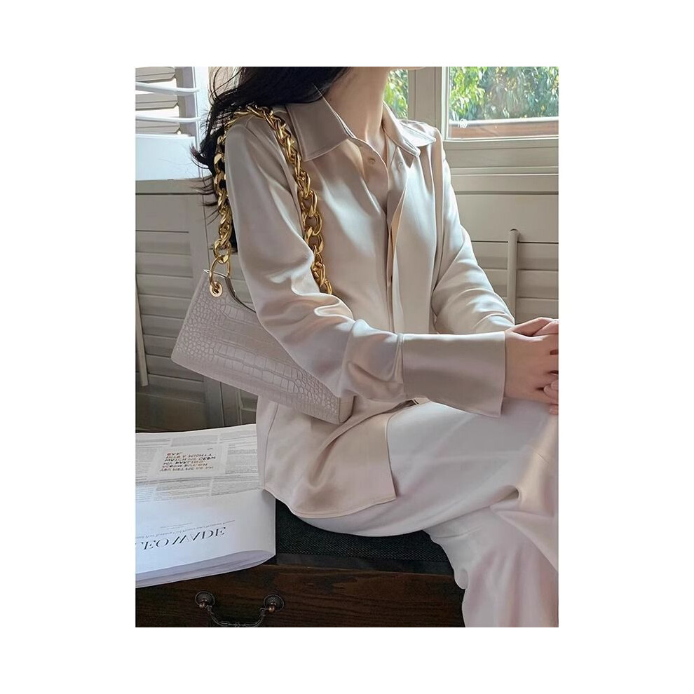 Maxpower (Apricot, S) White Silk Satin Spring New Style Chic Long Sleeve Shirt Women's Professional Fashion Style Shirt Autumn