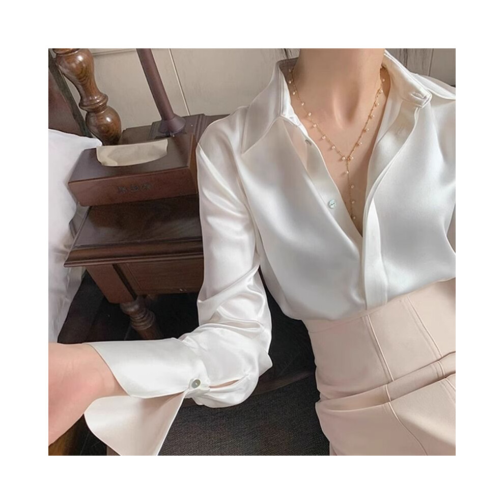 Maxpower (White, M) White Silk Satin Spring New Style Chic Long Sleeve Shirt Women's Professional Fashion Style Shirt Autumn