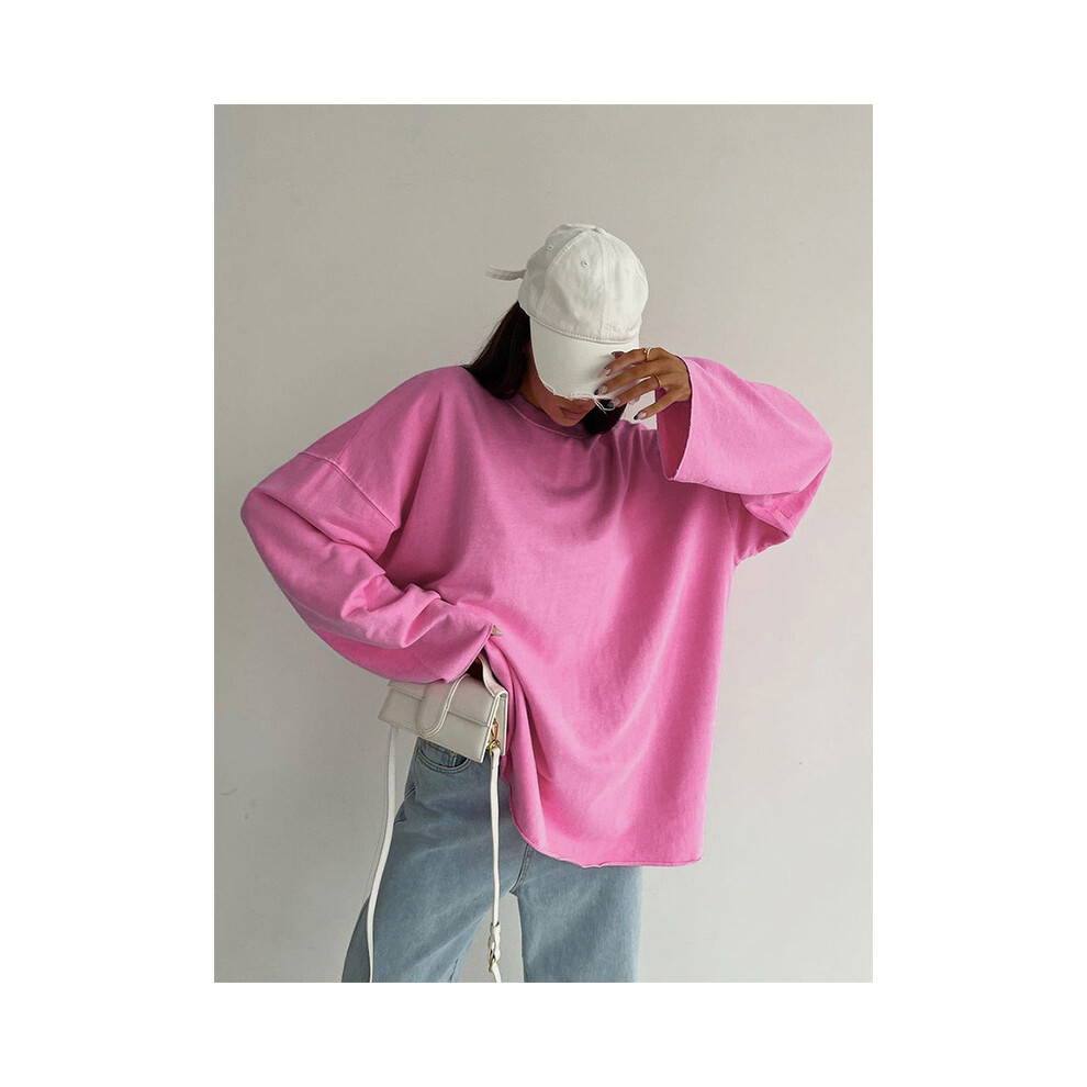 (Pink, L) Pink Tee Shirts Streetwear Round Neck Long Sleeve Casual Pullover Tops Women Autumn Thin T-Shirts Lady