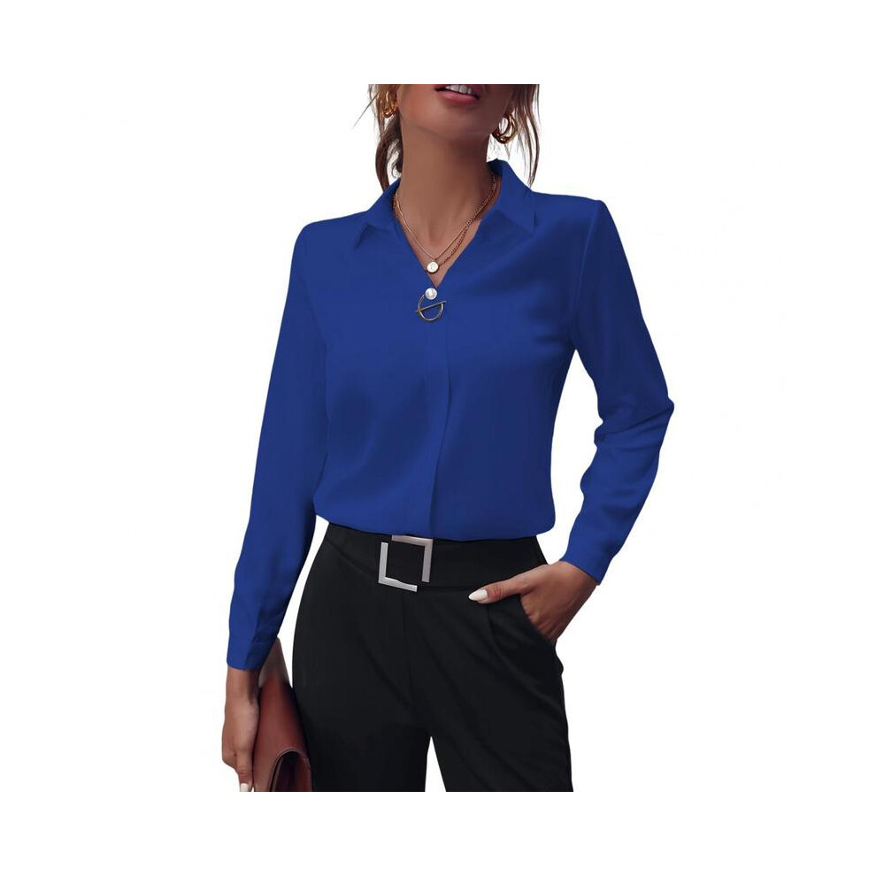 Maxpower (Dark Blue, Xxl) Summer Elegant Women's Blouse New V-Neck Long Sleeve Solid Color Loose Shirt Casual White Tops Office Lady Blouses