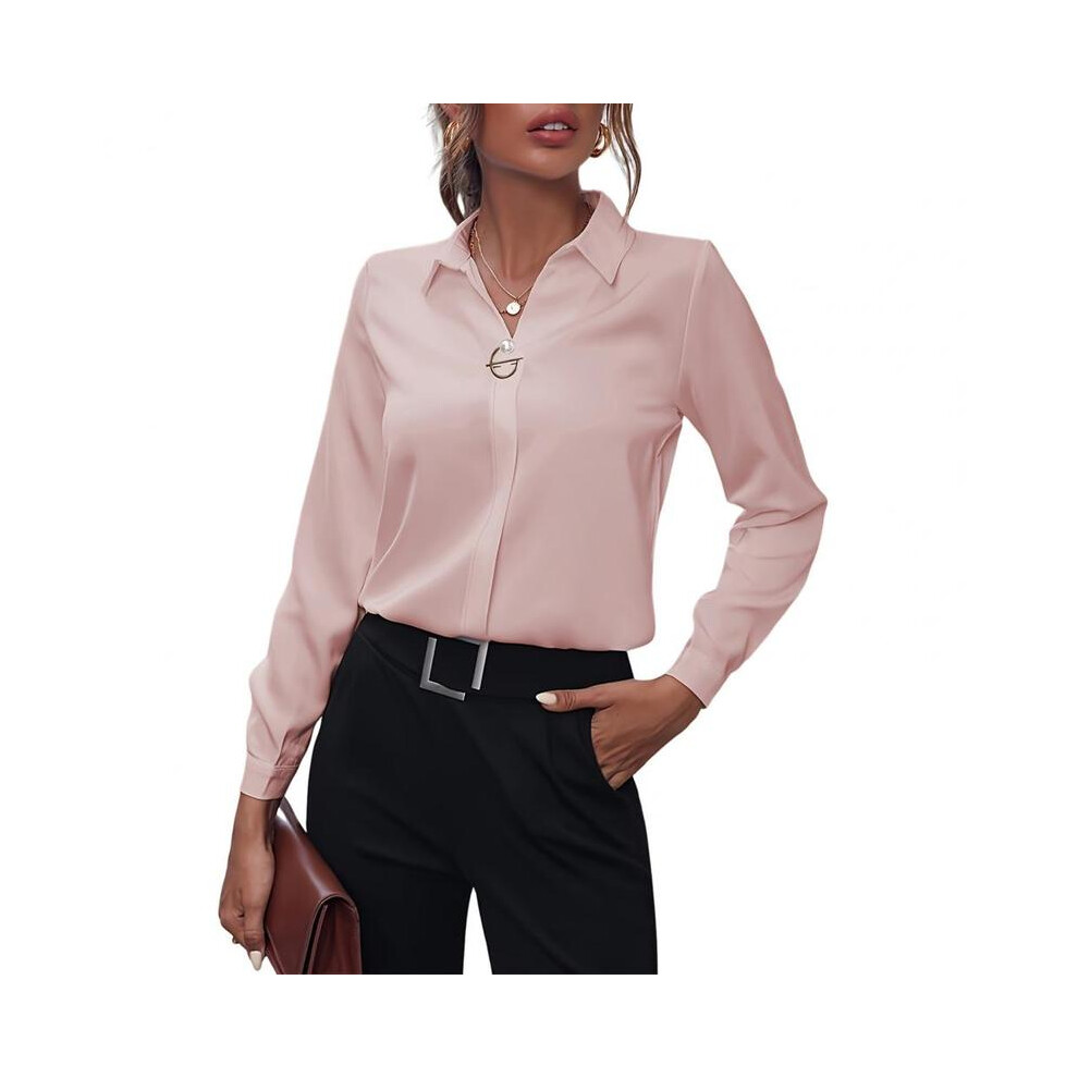 Maxpower (Pink, Xxl) Summer Elegant Women's Blouse New V-Neck Long Sleeve Solid Color Loose Shirt Casual White Tops Office Lady Blouses