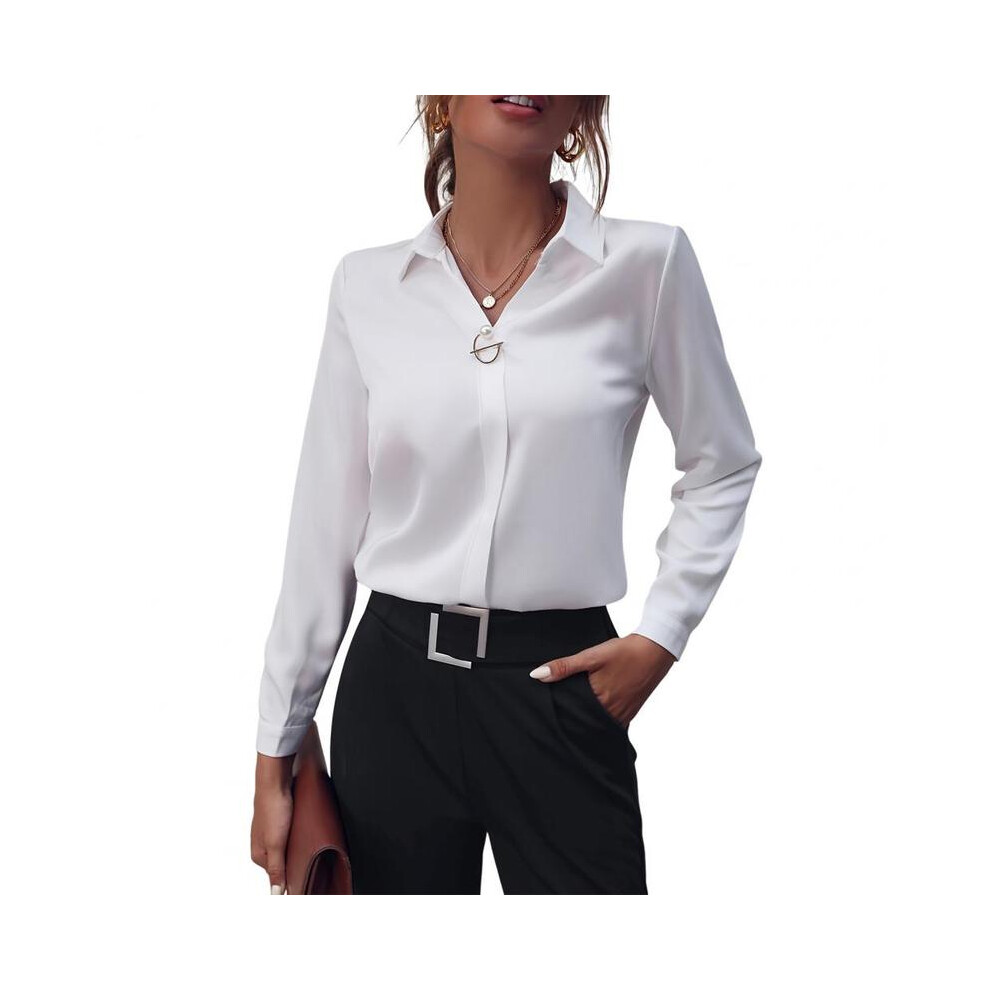 (White, M) Summer Elegant Women's Blouse New V-neck Long Sleeve Solid Color Loose Shirt Casual White Tops Office Lady Blouses