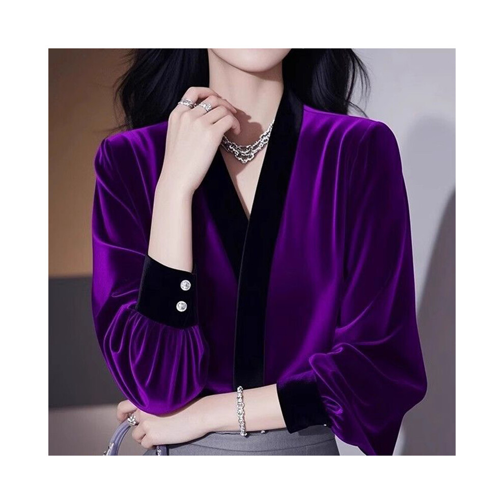 (PURPLE, L) Fashionable PURPLE Long Sleeve Flocking Blouse Autumn Fashion Patchwork V-neck Shirts Pullovers Women Clothes Elegant Trend Tops