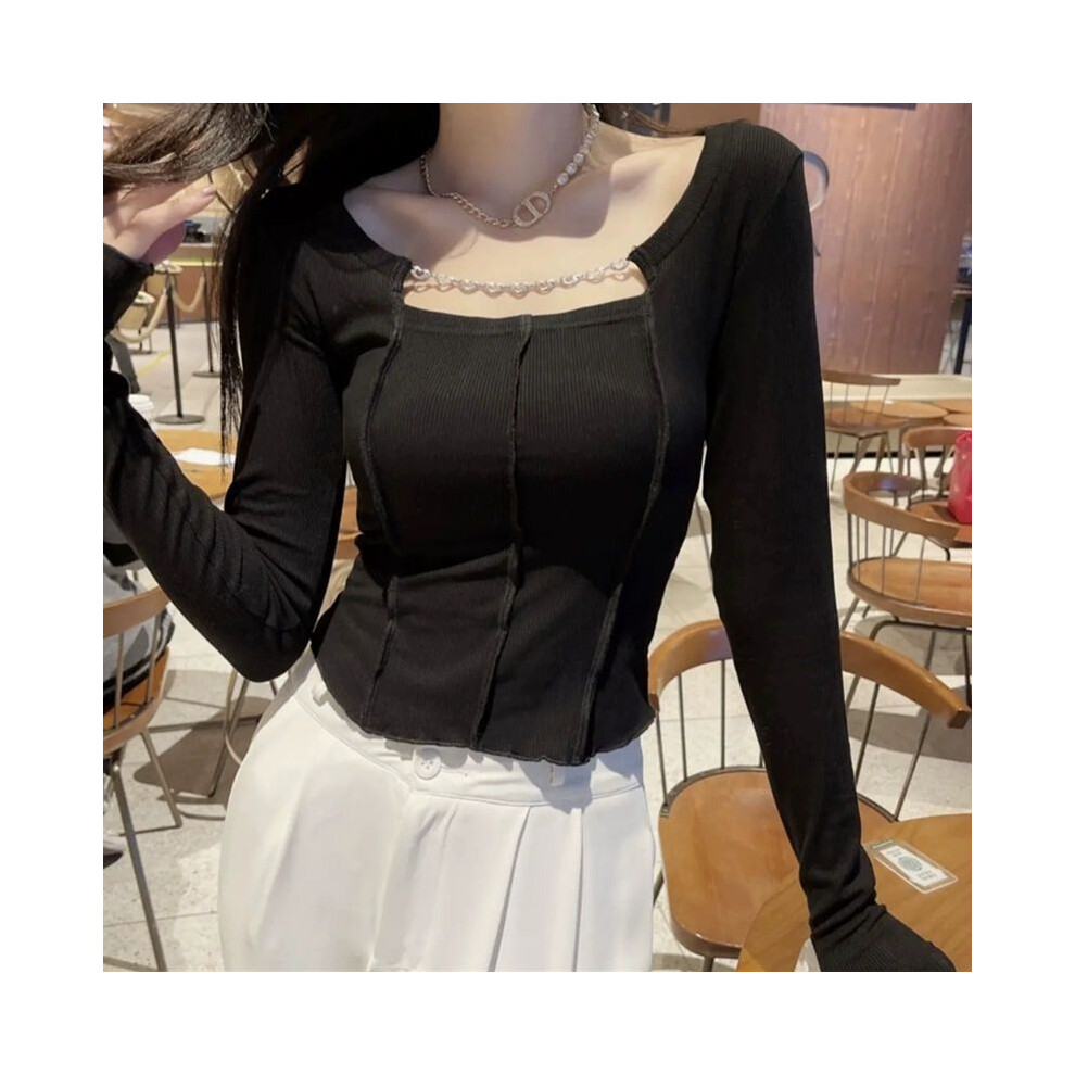(black, L) Sexy Square Collar Bottoming Shirt Femme Interior Lapping Spring Solid Color Long Sleeve T-Shirts Women's Simplicity Top Tee