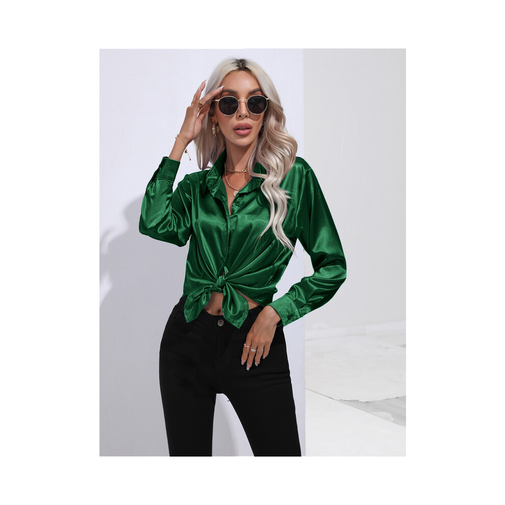 Maxpower (8, M) Summer Trend Fashion Women's Casual Elegant Satin Long Sleeved Shirt Office Women's Shirts And Blouses Slim Femal Clothes