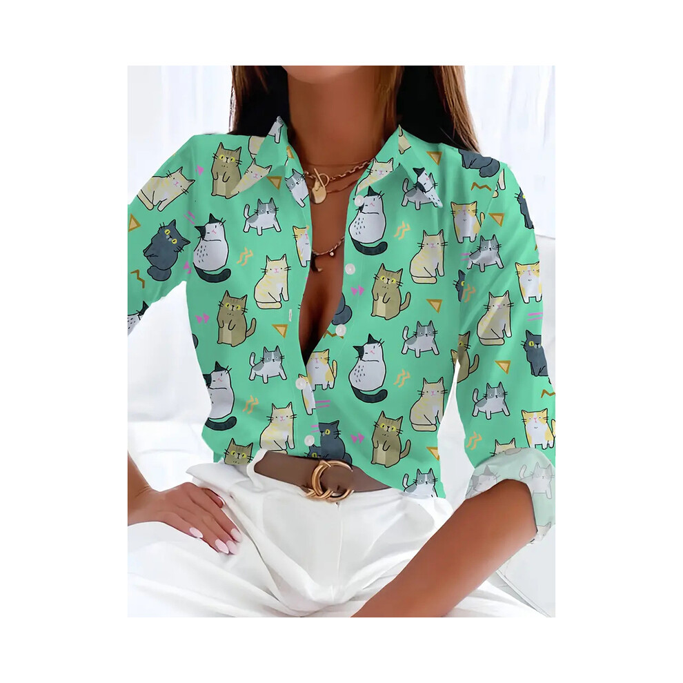 (B25SLCZ731153613, M) Fashion Long-Sleeved Lapel Shirts Black & White Printed Loose Single-Breasted Shirts Summer Basic Tops & Blouse Women Clothes