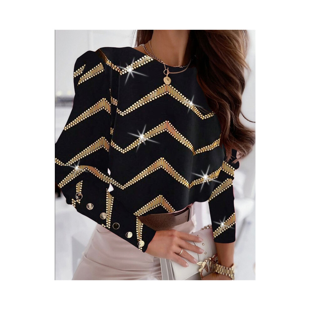 (ST23378 Black Goid, L) Spring Summer Striped Long Sleeve Shirts For Women  Fashion Print Loose Button Crew Neck Tops Office Ladies Blouses Autumn