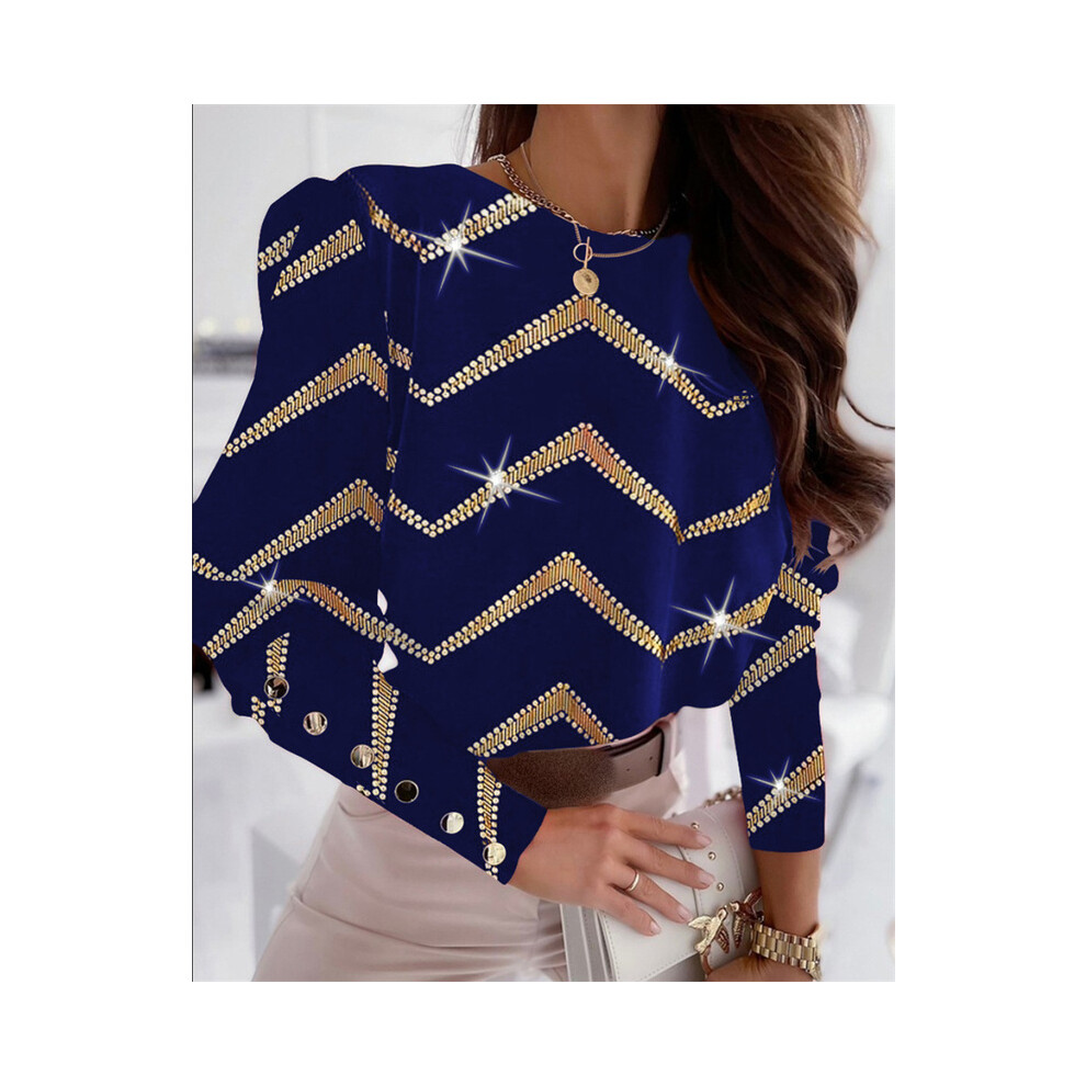 (ST23378 Blue Gold, S) Spring Summer Striped Long Sleeve Shirts For Women  Fashion Print Loose Button Crew Neck Tops Office Ladies Blouses Autumn