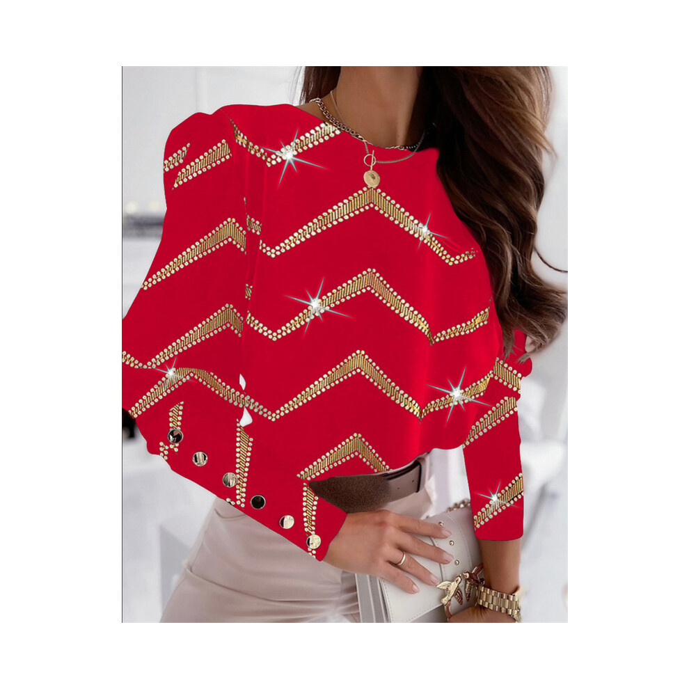 (ST23378 Red Gold, M) Spring Summer Striped Long Sleeve Shirts For Women  Fashion Print Loose Button Crew Neck Tops Office Ladies Blouses Autumn
