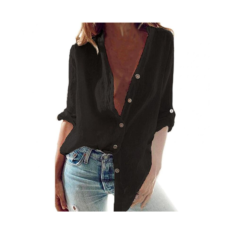 (Black, 2XL) Oversized Autumn Cotton Linen Shirt Fashion Button Up Women Shirts White Casual Loose Tops Solid Rollable Sleeve Top Blusa