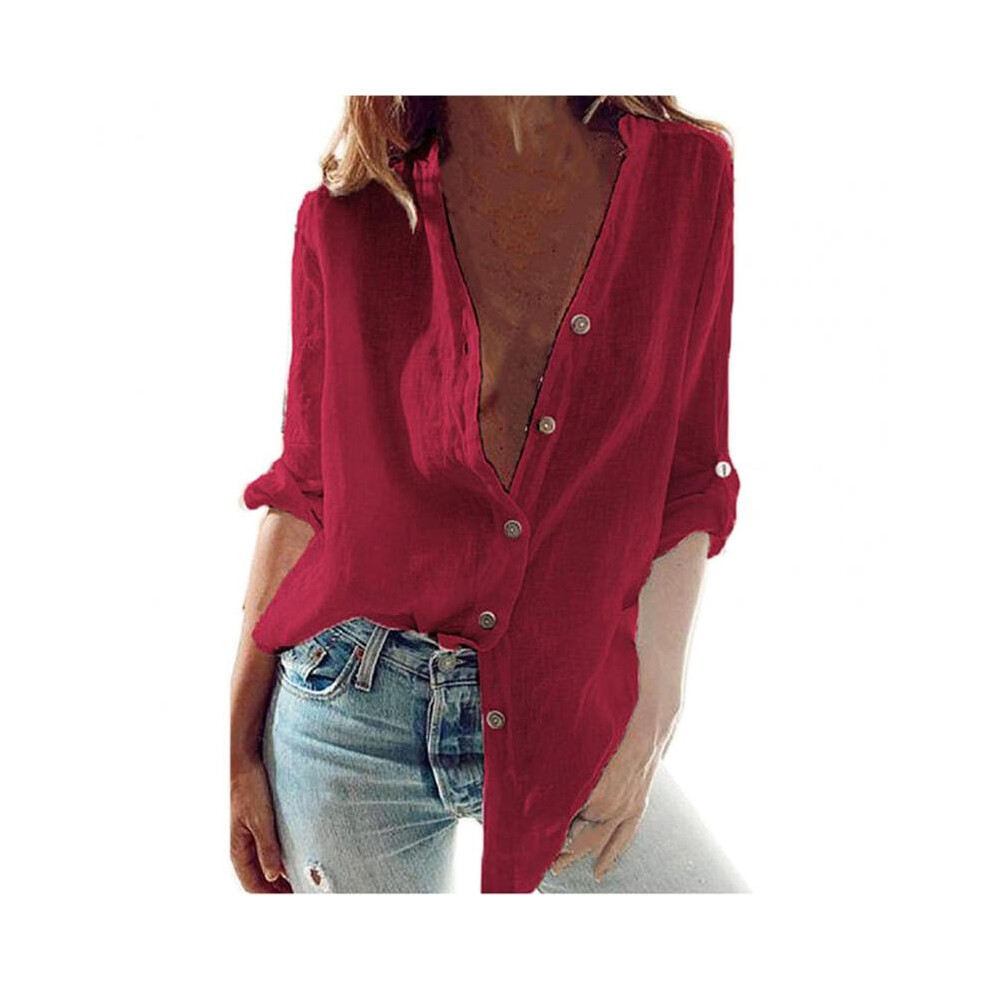 (Red, M) Oversized Autumn Cotton Linen Shirt Fashion Button Up Women Shirts White Casual Loose Tops Solid Rollable Sleeve Top Blusa