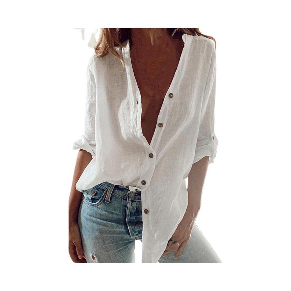 (White, M) Oversized Autumn Cotton Linen Shirt Fashion Button Up Women Shirts White Casual Loose Tops Solid Rollable Sleeve Top Blusa