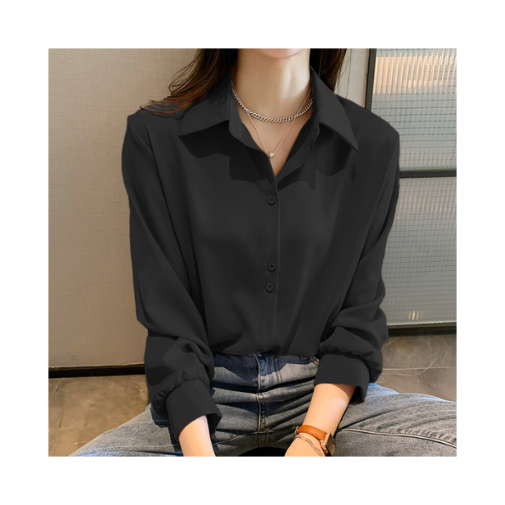 Maxpower (Black, 4XL) Plus Size Shirts Spring Summer Fashion Female Long Sleeve Loose Solid Blouse Tops Casual Chiffon Shirt Women Office Lady Shirts