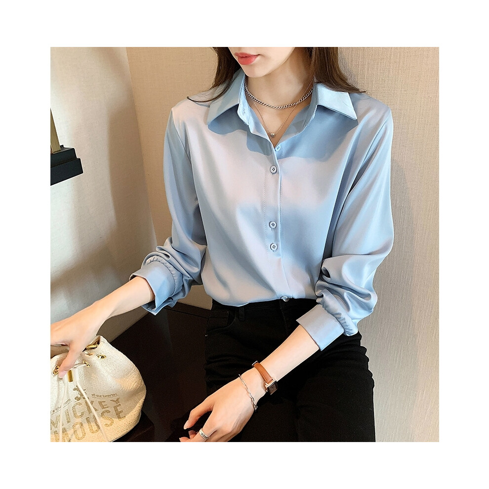 Maxpower (Blue, 4XL) Plus Size Shirts Spring Summer Fashion Female Long Sleeve Loose Solid Blouse Tops Casual Chiffon Shirt Women Office Lady Shirts