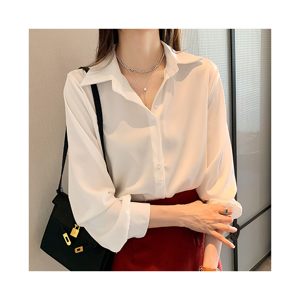 Maxpower (White, 4XL) Plus Size Shirts Spring Summer Fashion Female Long Sleeve Loose Solid Blouse Tops Casual Chiffon Shirt Women Office Lady Shirts