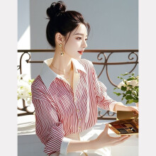 (Red, L) Beautiful Red Striped Polo Shirts Spring Autumn New Long Sleeve Loose Youth All-match Fashion Blouse Sweet Korean Women Clothing