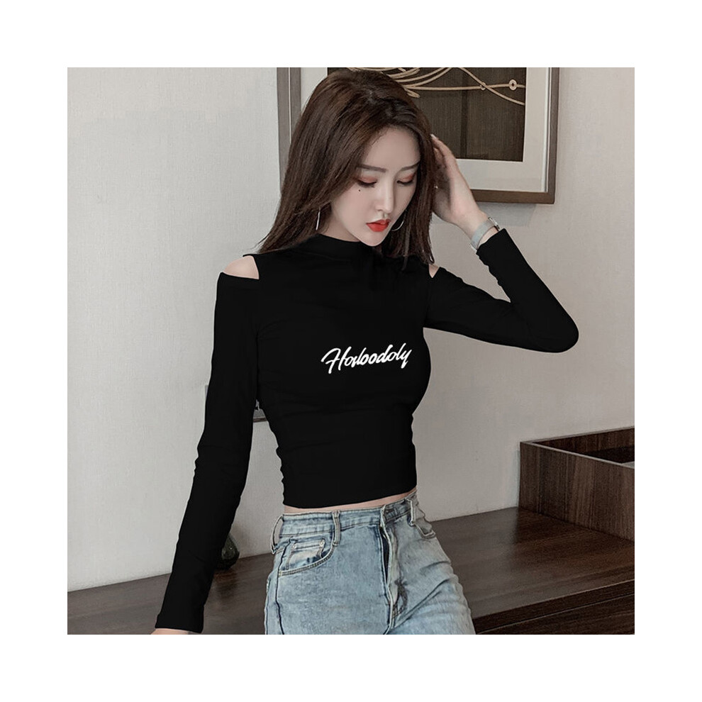 (black, L) Long Sleeve T-Shirts Women Clothes Spring Summer New Slim Sexy Off Shoulder Bottoming Shirt Crop Top Femme Casual Skinny Top Tee