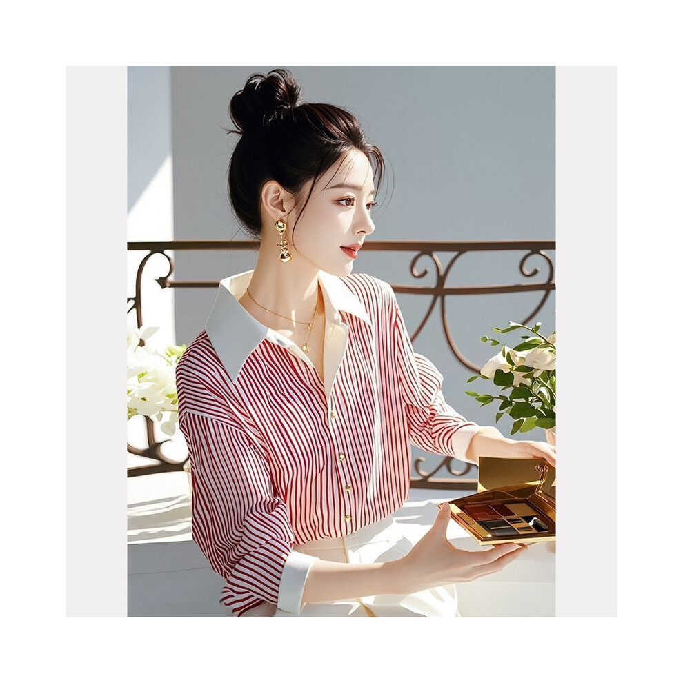 (Red, XXXL) Beautiful Red Striped Polo Shirts Spring Autumn New Long Sleeve Loose Youth All-match Fashion Blouse Sweet Korean Women Clothing
