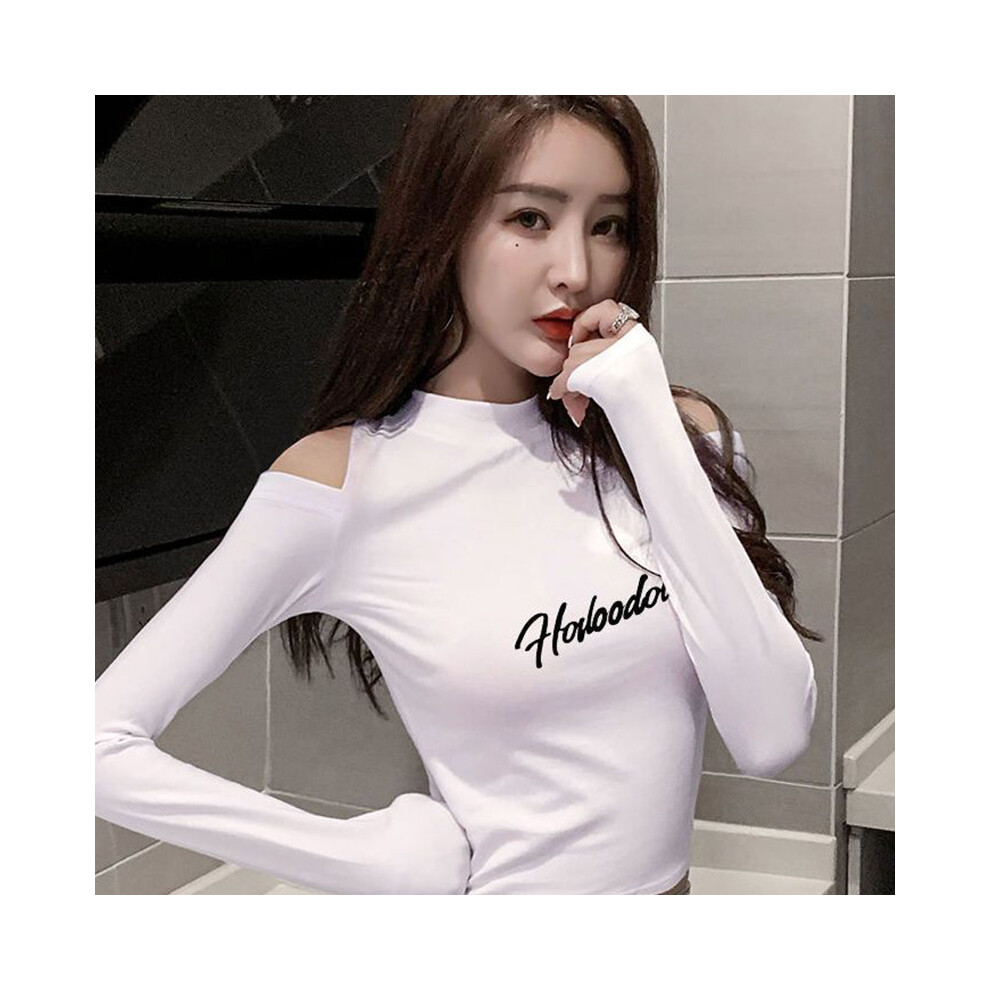 (WHITE, M) Long Sleeve T-Shirts Women Clothes Spring Summer New Slim Sexy Off Shoulder Bottoming Shirt Crop Top Femme Casual Skinny Top Tee