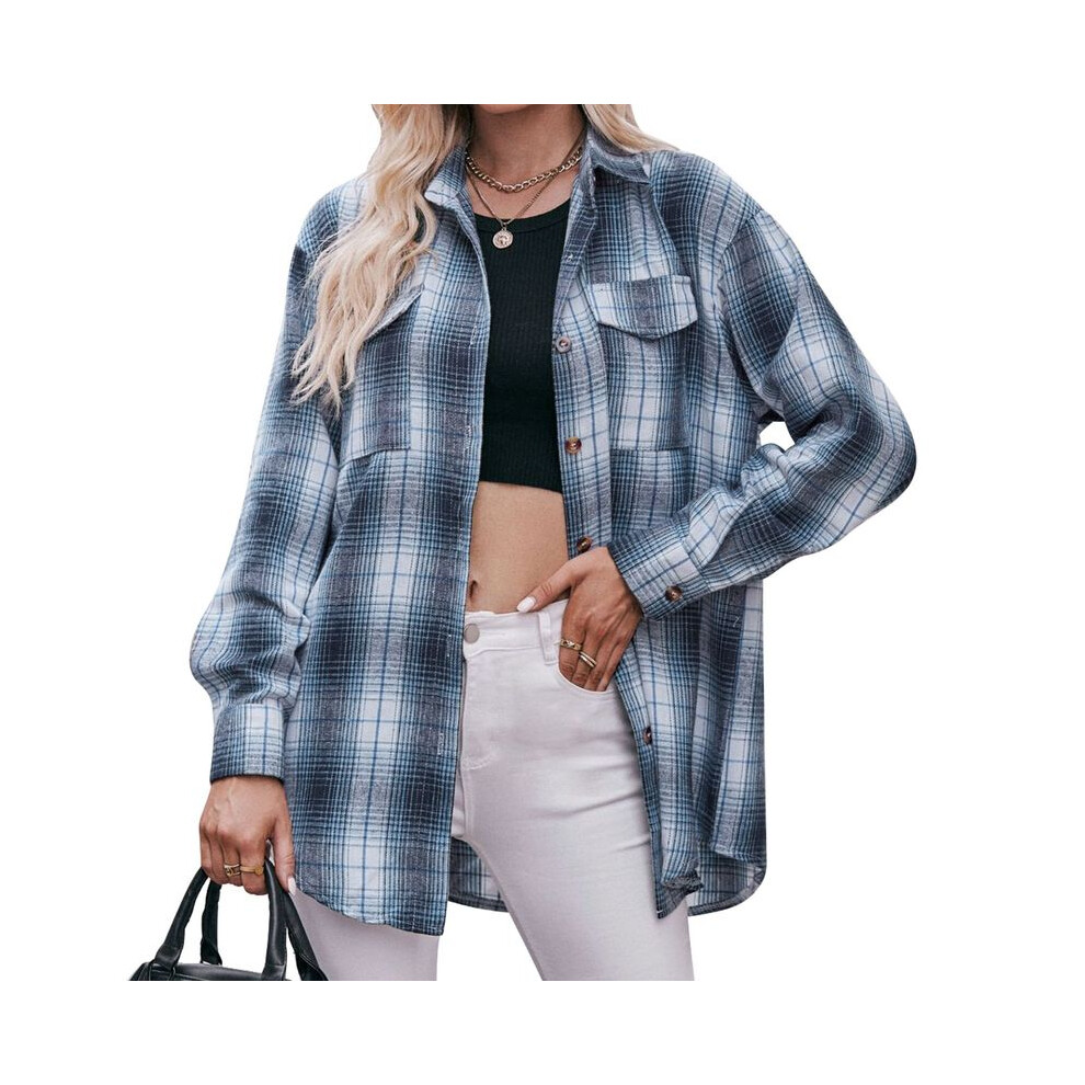 (blue, L) Ladies' Street Style Long Sleeved Shirt Autumn Button Up Collar Top Casual And Fashionable Oversized Loose Checkered Blouse New