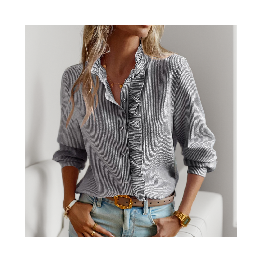 (black, L) Women's Shirt Elegant Office Solid Color Long Sleeve Ladies Top Fashion Ruched Stand Collar Single Breasted Causal Simple Shirt