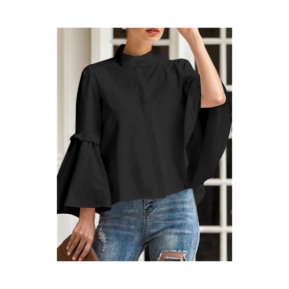 (Black Blouse, L) Krisstargirls Fashion Woman Shirts Clothing  Spring Summer Long Flared Sleeves Solid Color Womens Elegant Tops and Blouses