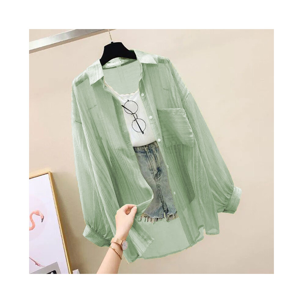 (green, S) Sun Protection Shirt Clothes For Women Summer Thin Chiffon Shirts Korean Style Loose Tops Casual Solid Button Women's Blouse