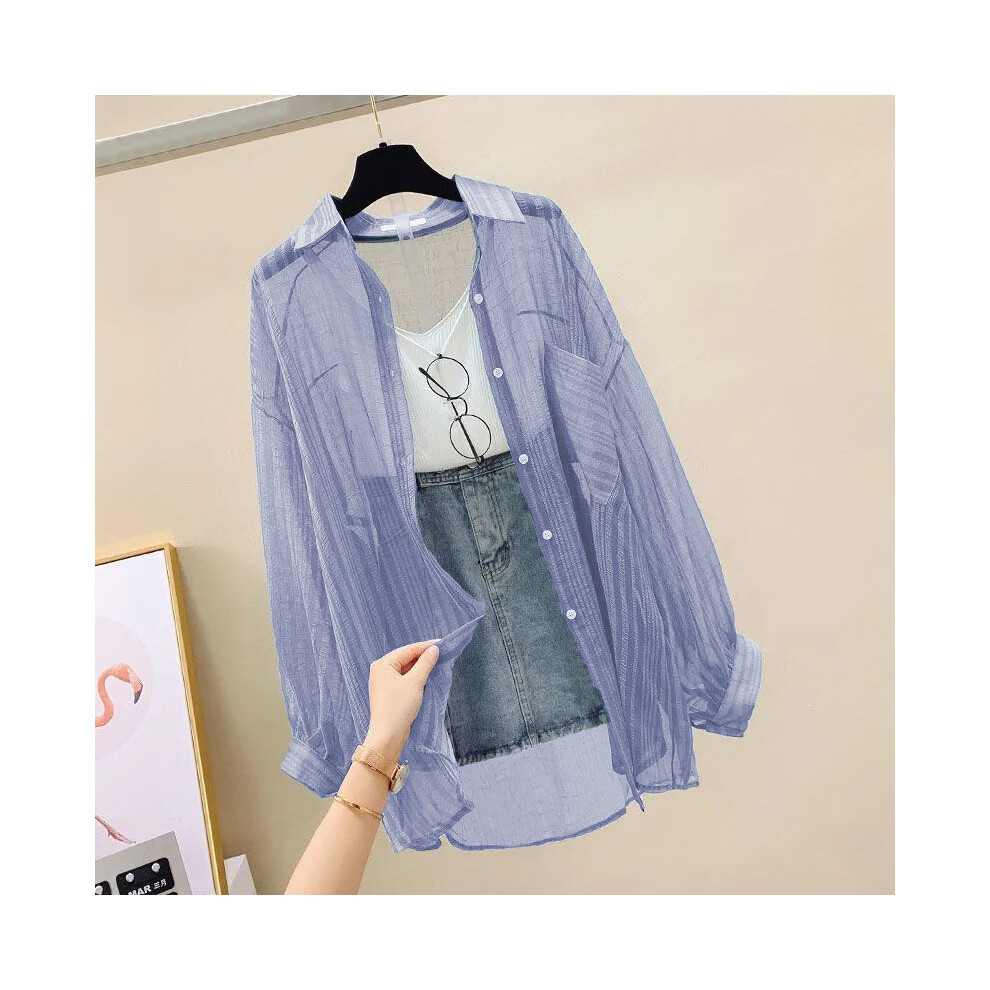 (Blue, XXXL) Sun Protection Shirt Clothes For Women Summer Thin Chiffon Shirts Korean Style Loose Tops Casual Solid Button Women's Blouse
