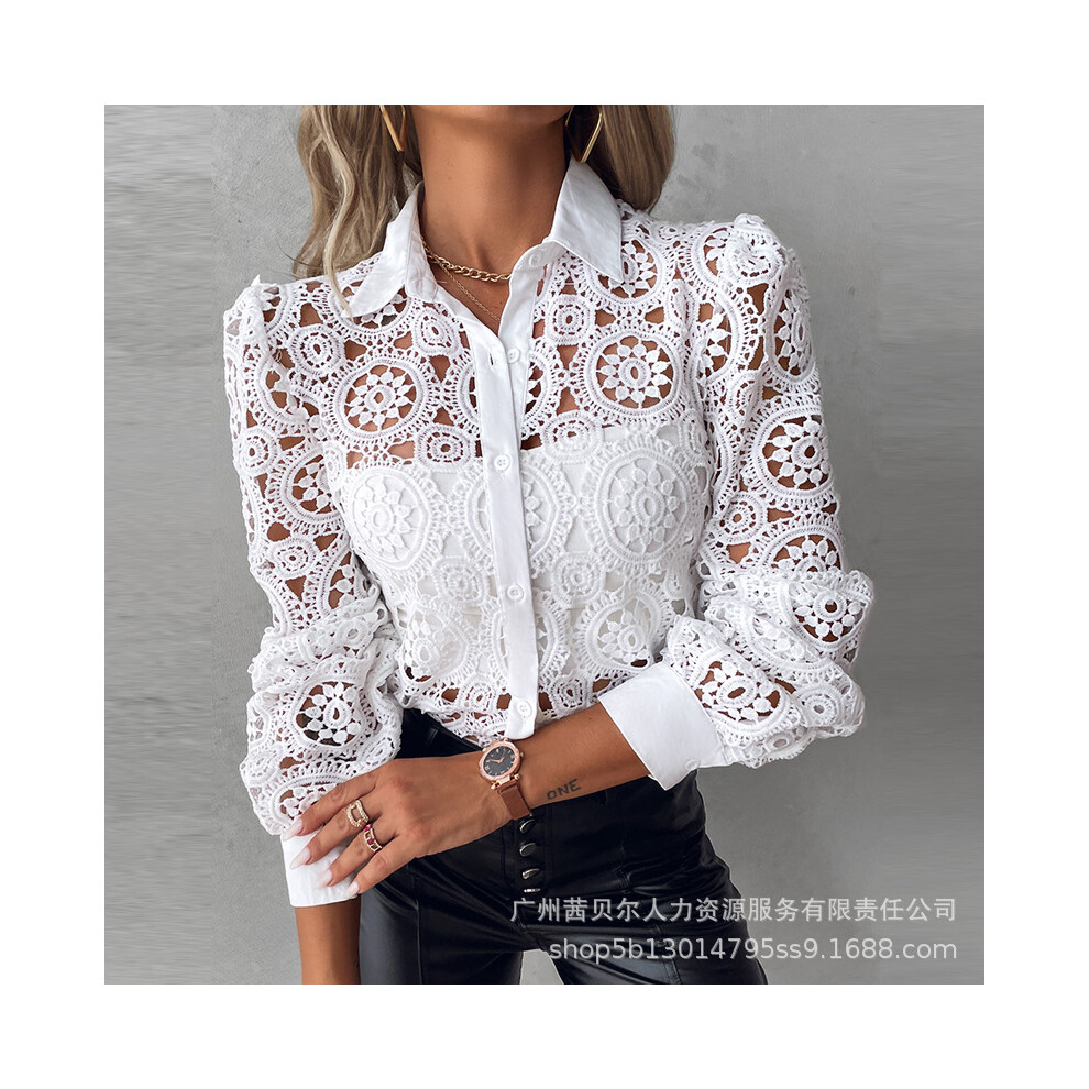 (WHITE, XL) Lace Blouses For Women Elegant Office White Shirt Long Sleeve Button Turn-down Collar Sexy Hollow Tops Fashion Women's Clothing