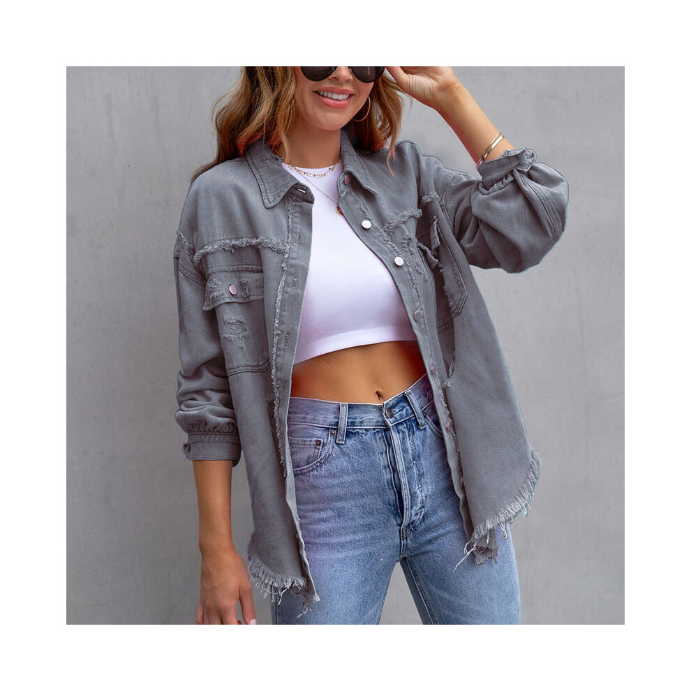 (QU411-1, L) Solid Casual Loose Denim Shirts For Women Autumn Vintage Women's Oversized Shirts And Blouses Fashion Youth Female Tops