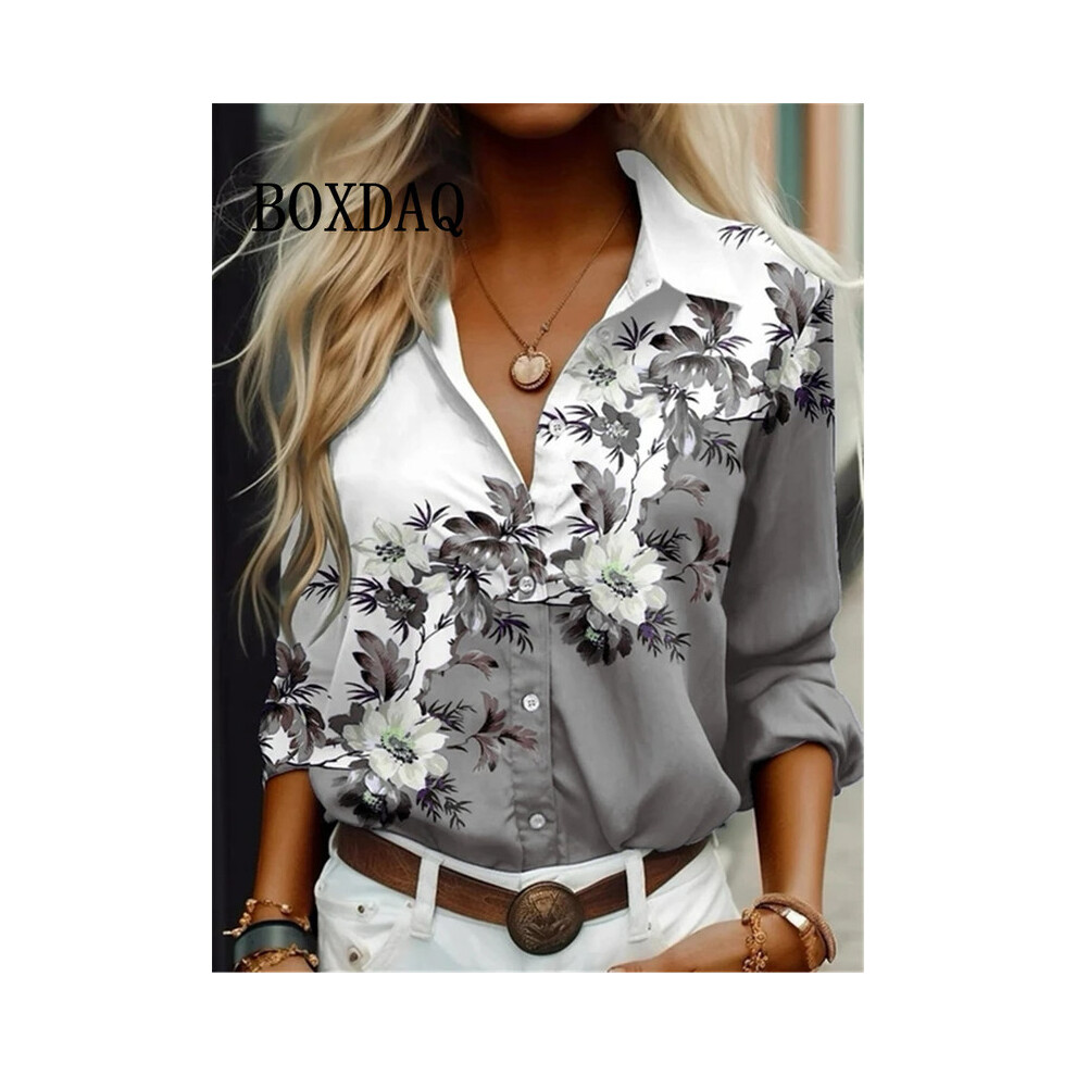 (LCS167, L) Women's Shirt Blouses Flowers Printing Button Loose Long Sleeve Tops Casual Elegant Fashion Lapel Spring Autumn Lady Blouse