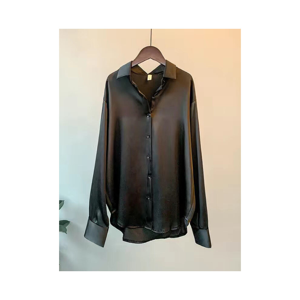 (black, L) Casual Office Lady Silk Blouses Autumn Long Sleeve Button Up Shirt Women Elegant Winter Tops  Office Lady Acetate Blouse