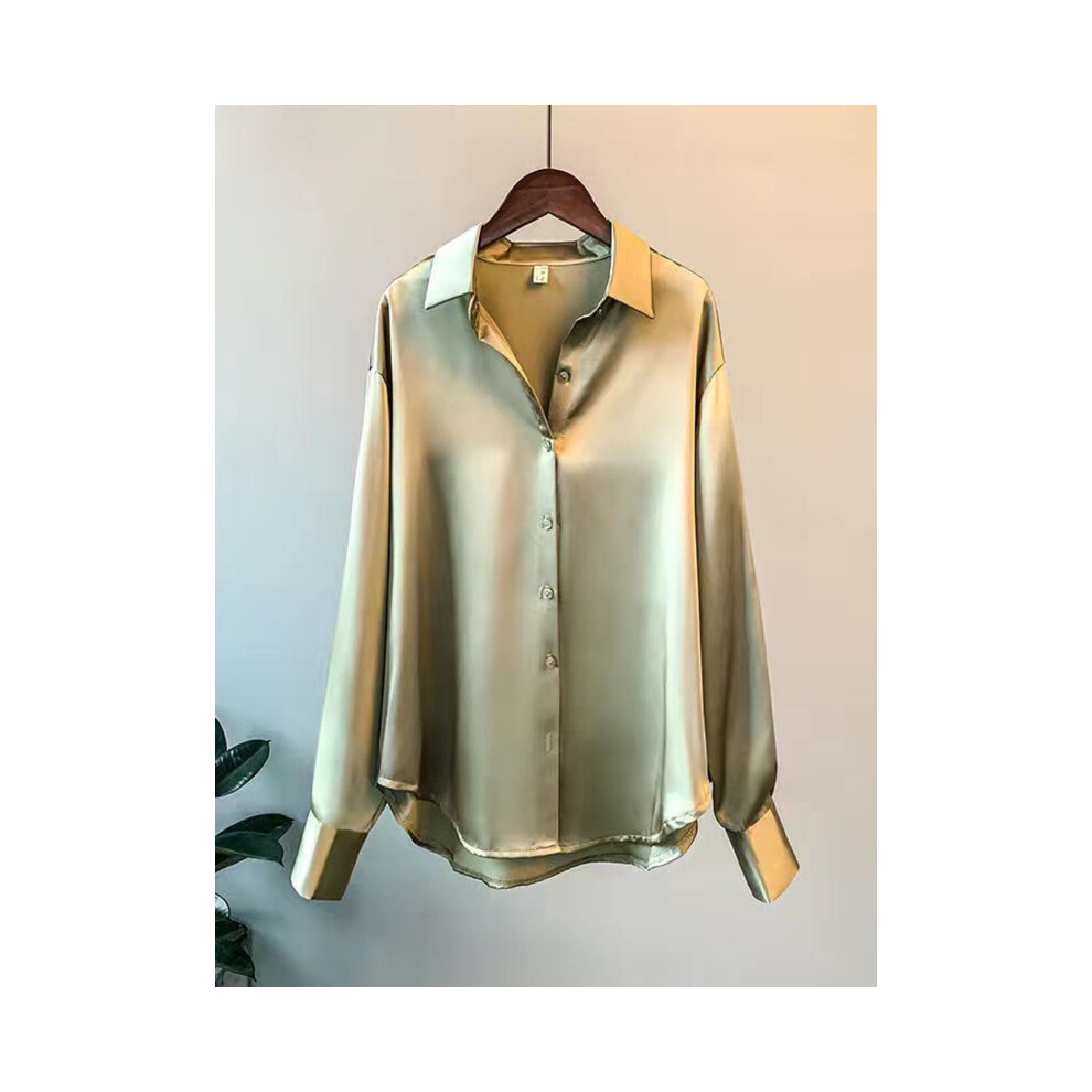 (Mercerized Green, M) Casual Office Lady Silk Blouses Autumn Long Sleeve Button Up Shirt Women Elegant Winter Tops  Office Lady Acetate Blouse