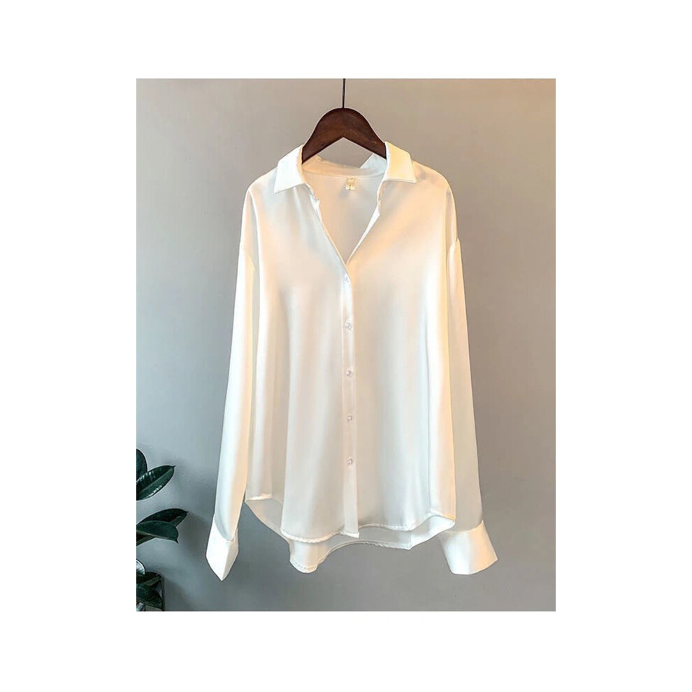 (WHITE, S) Casual Office Lady Silk Blouses Autumn Long Sleeve Button Up Shirt Women Elegant Winter Tops  Office Lady Acetate Blouse