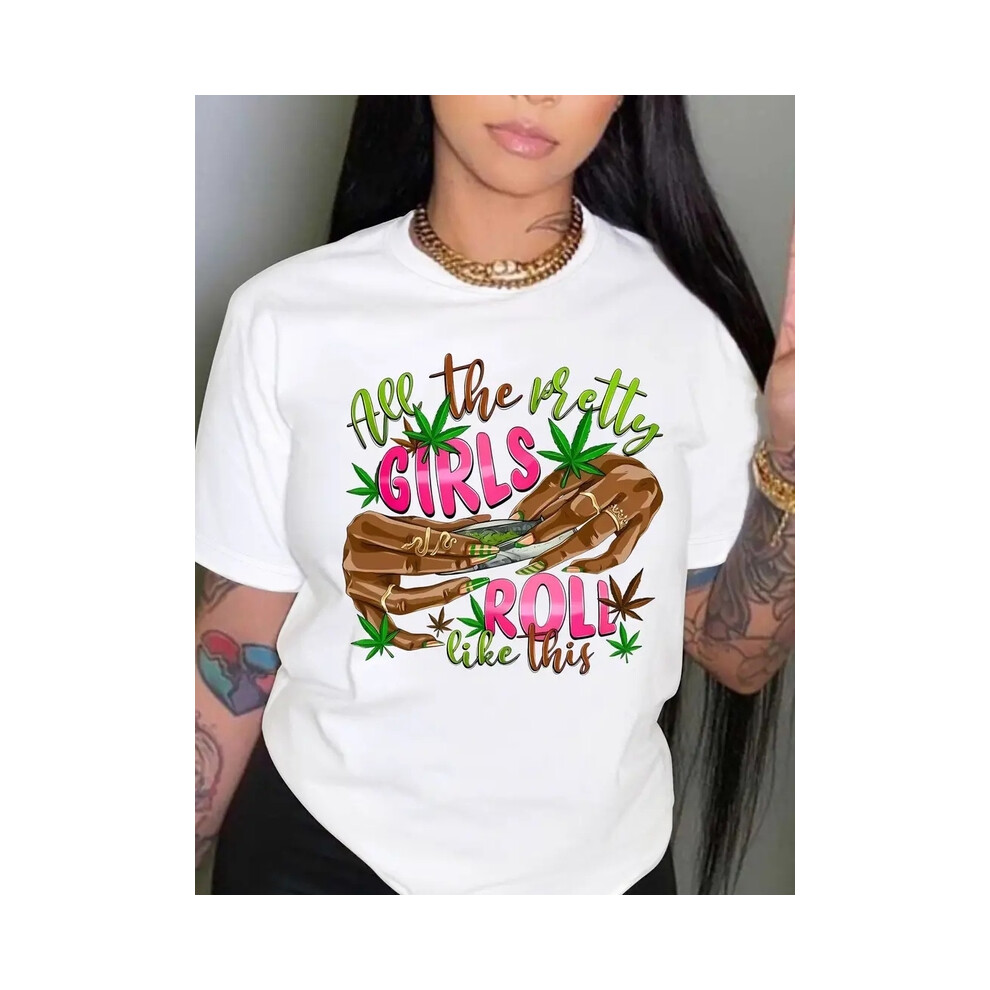 (WA77-GIRLS, L) Summer women's letterprint loose oversized casual round neck short sleeved T-shirt top Sports Fashion Casual Explosive Short Sle