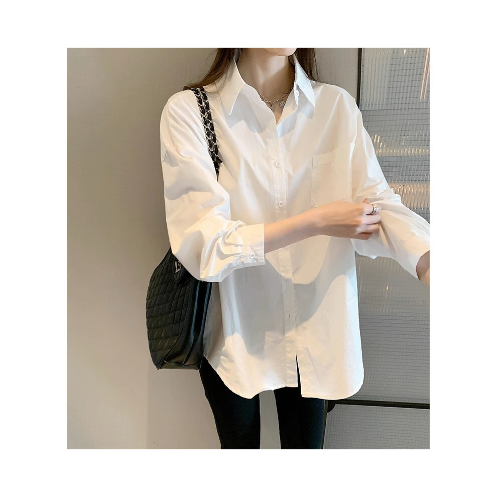 Maxpower (White, Xxl) White Blouse Ladies' Autumn's New Korean-Style Long-Sleeved Casual Office Lady Shirt Loose Women Clothes Top Simple Shirts
