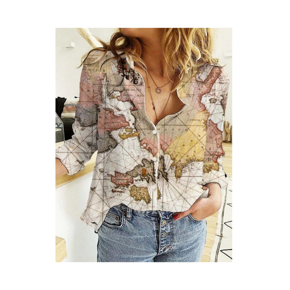 (Beige, 4XL) Acting Pro Skirt Print Women's Loose Map Print Shirt Sleeve Long Casual Top World Lapel Button Women Womens V Neck Shirts Casual