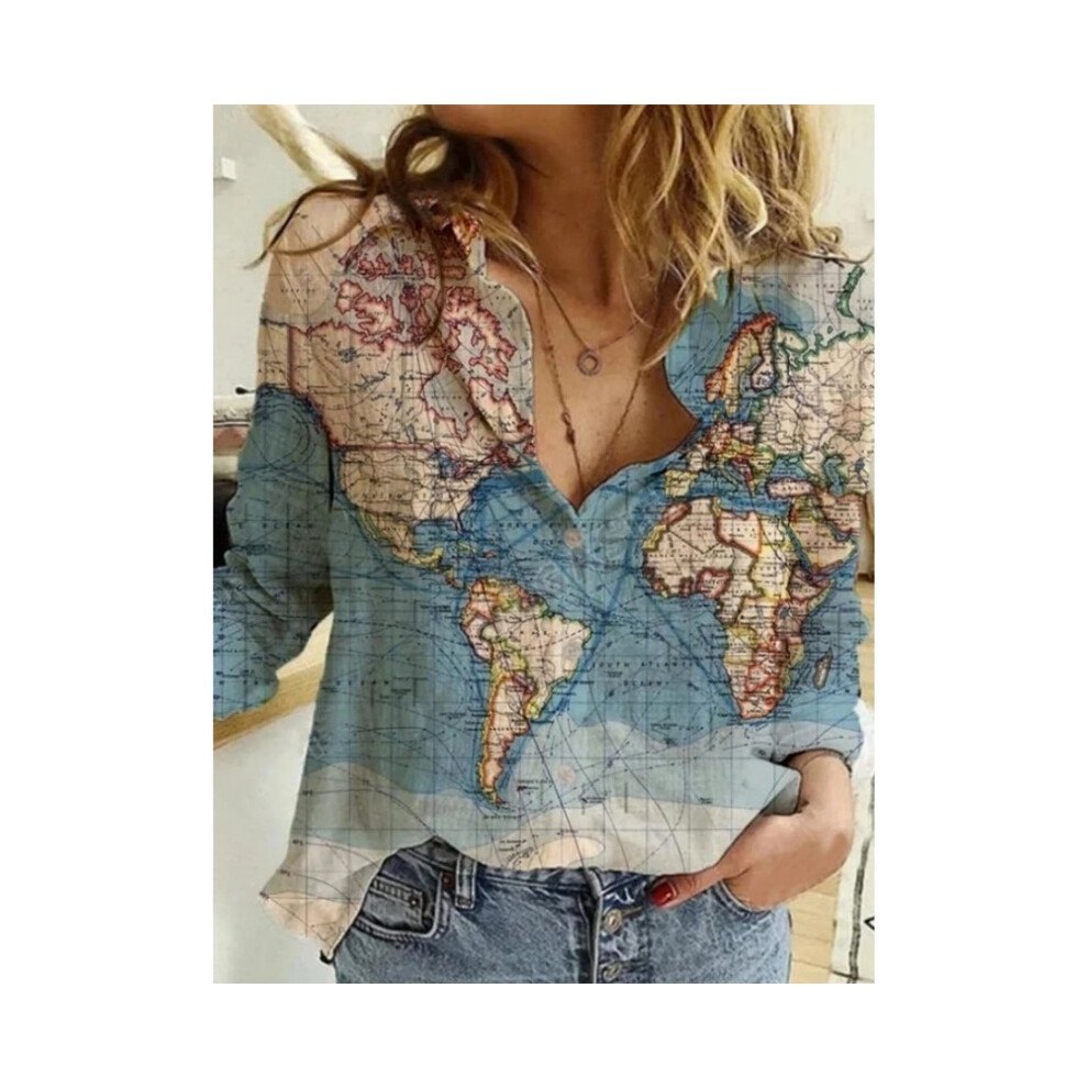 (Blue, 5XL) Acting Pro Skirt Print Women's Loose Map Print Shirt Sleeve Long Casual Top World Lapel Button Women Womens V Neck Shirts Casual
