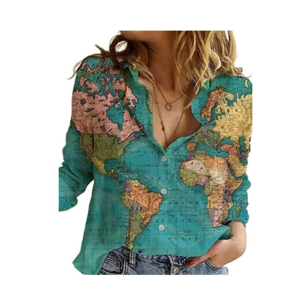 (green, L) Acting Pro Skirt Print Women's Loose Map Print Shirt Sleeve Long Casual Top World Lapel Button Women Womens V Neck Shirts Casual