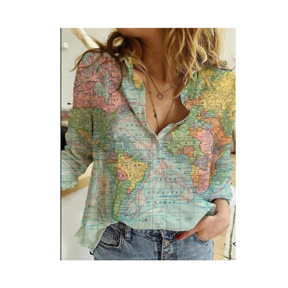 (Light Green, L) Acting Pro Skirt Print Women's Loose Map Print Shirt Sleeve Long Casual Top World Lapel Button Women Womens V Neck Shirts Casual