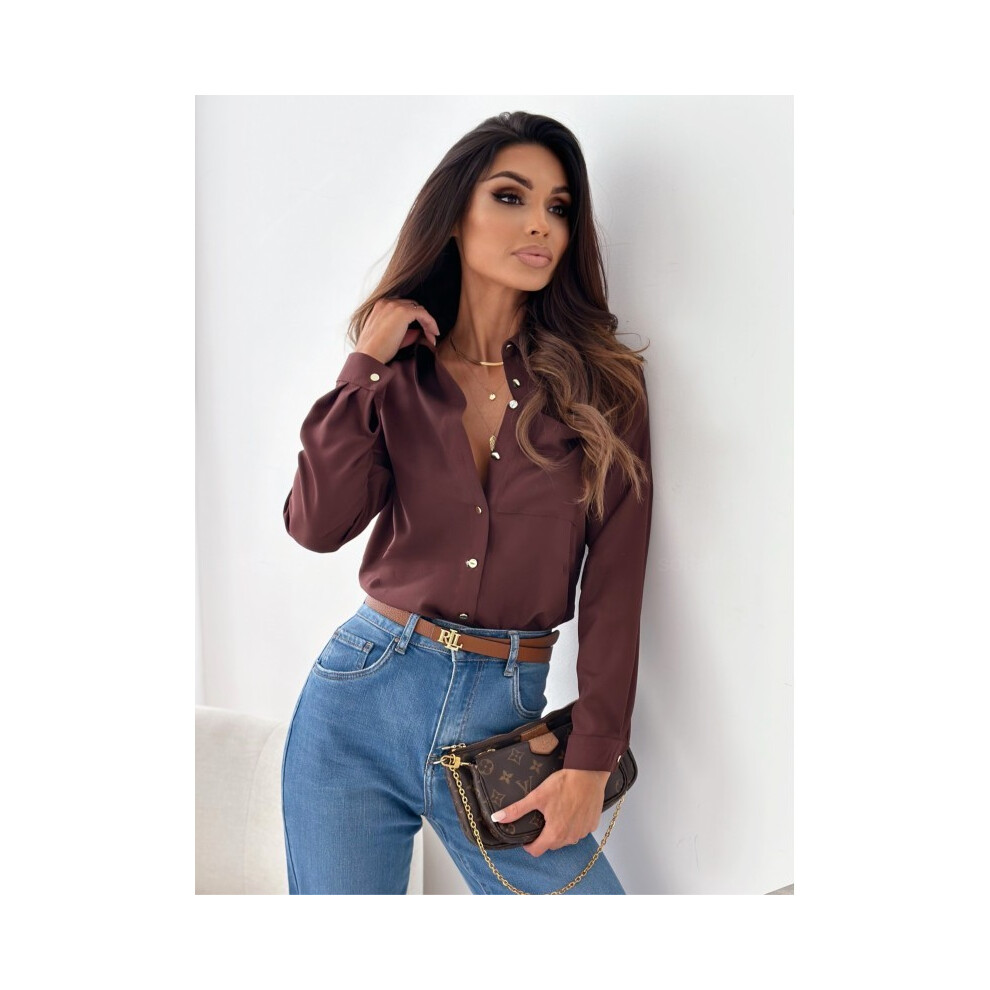 (Brown, 2XL) Summer Turn Down Collar Women OL Workwear Blouse Tops Casual Female Solid Color Button Slim Shirt Tops SZE-ST23141