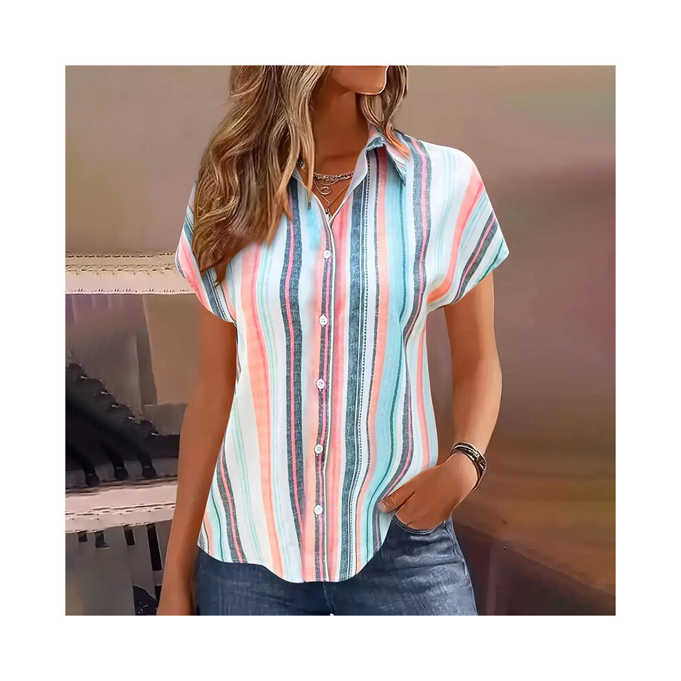 (B48SLCZ8116271, L) New Fashionable Women's Shirts Elegant 3d Cartoon Cat Printed Cute Single Breasted Tops Women's Casual Lapel Shirts Summer