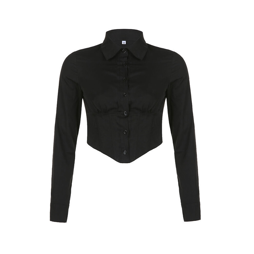 (black, L) Spring Sexy Long Sleeve Women White Shirt Blouse Korea Style Button Up Slim Waist Y2K Crop Tops Female Cardigan Clothing