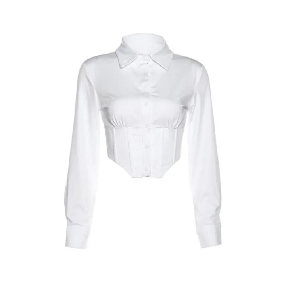 (white, L) Spring Sexy Long Sleeve Women White Shirt Blouse Korea Style Button Up Slim Waist Y2K Crop Tops Female Cardigan Clothing
