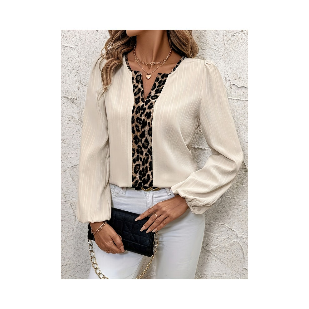 (Apricot, XXL) Elegant Women'S Leopard Print V-Neck Long Sleeve Blouse, Polyester Solid Color and Leopard Pattern, All-Season Woven Shirt Top