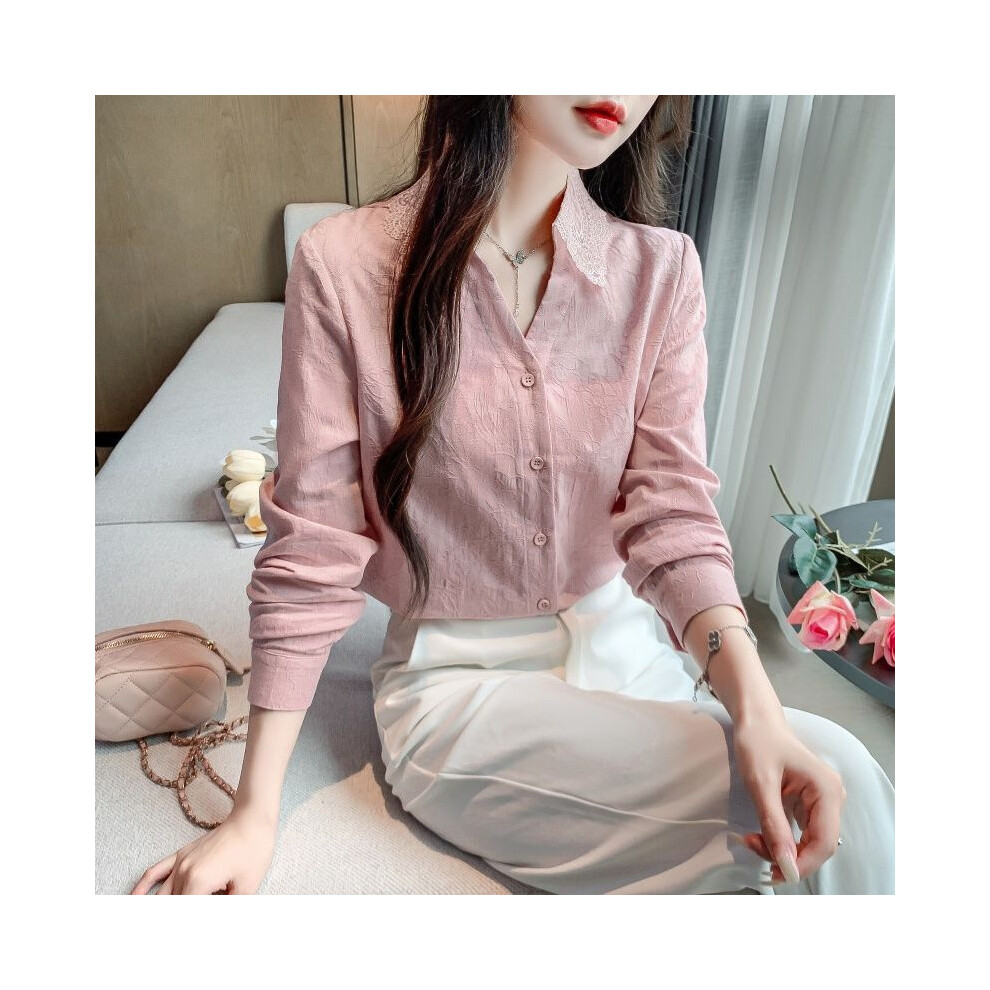 Maxpower (Pink, M) Women Spring Autumn Simplicity Office Lady Solid Color Polo Collar Long Sleeve Cotton Shirts Ladies Casual All-Match Trend Tops