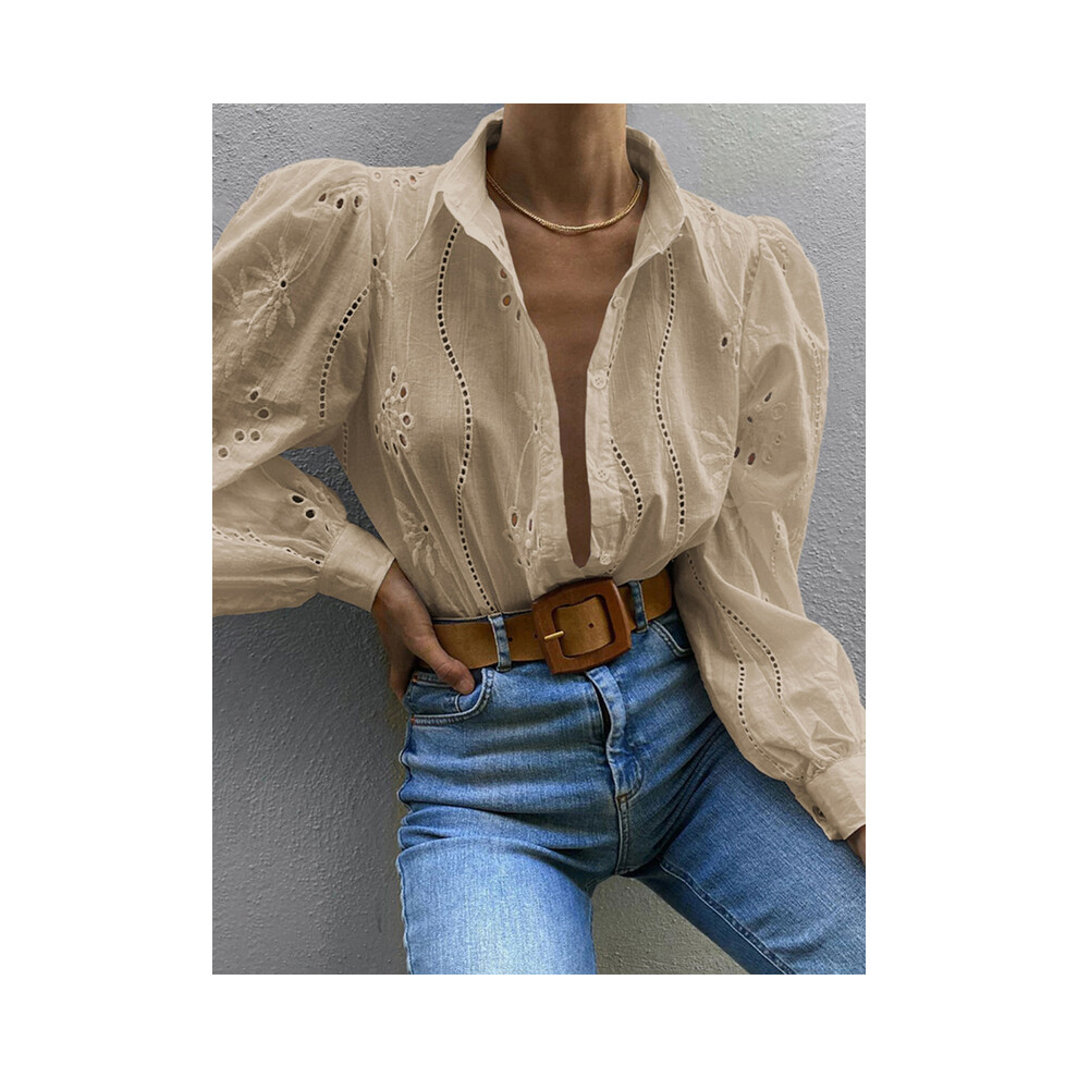 (Apricot, L) Women's Long-sleeved Hollow Out Button Office Wear Shirts,Shirts & Blouses,Women Clothing,Tops For Women,Clothes,White Shirts